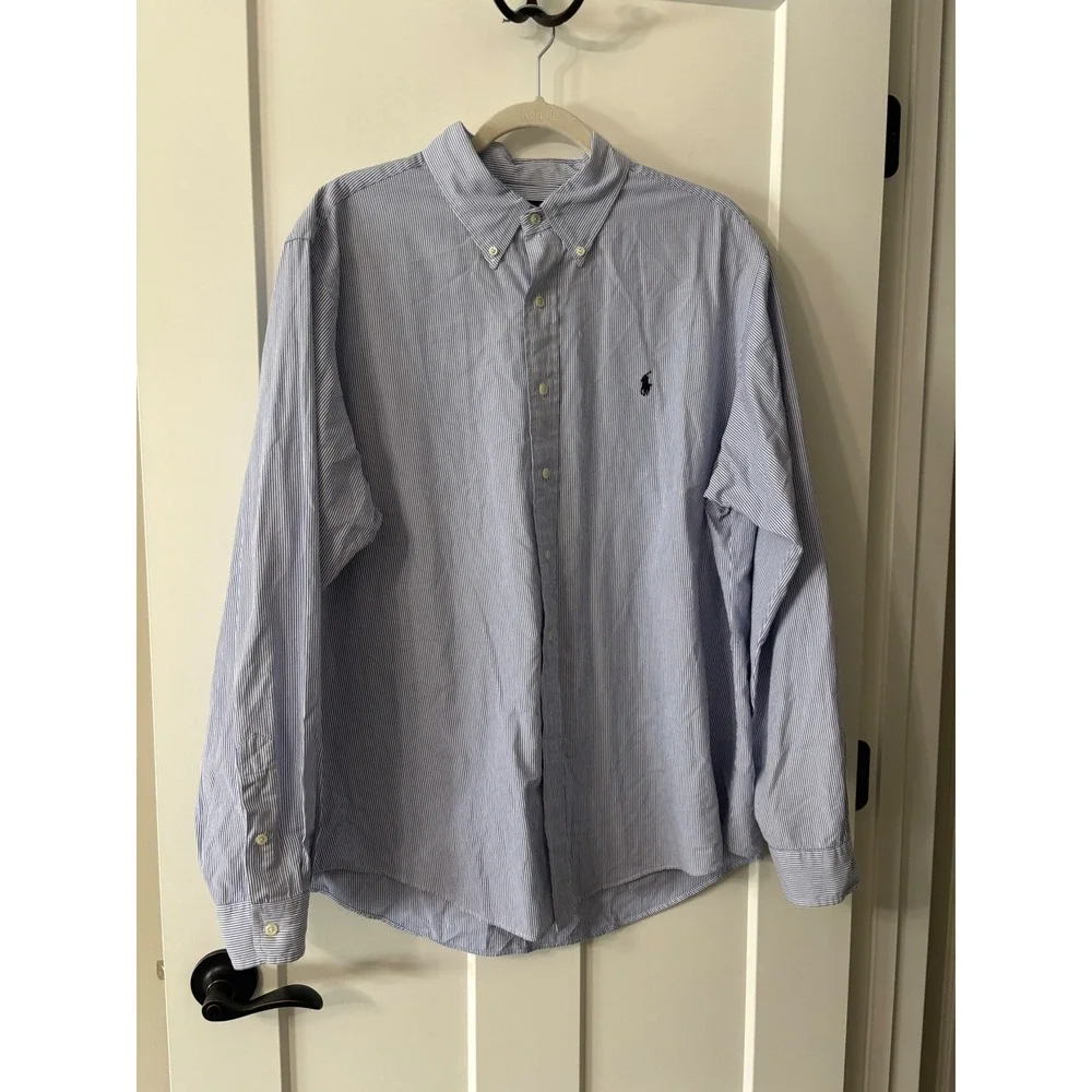 Ralph Lauren Mens Striped Button Down‎ Shirt Long Sleeve Polo Pony Blue/White